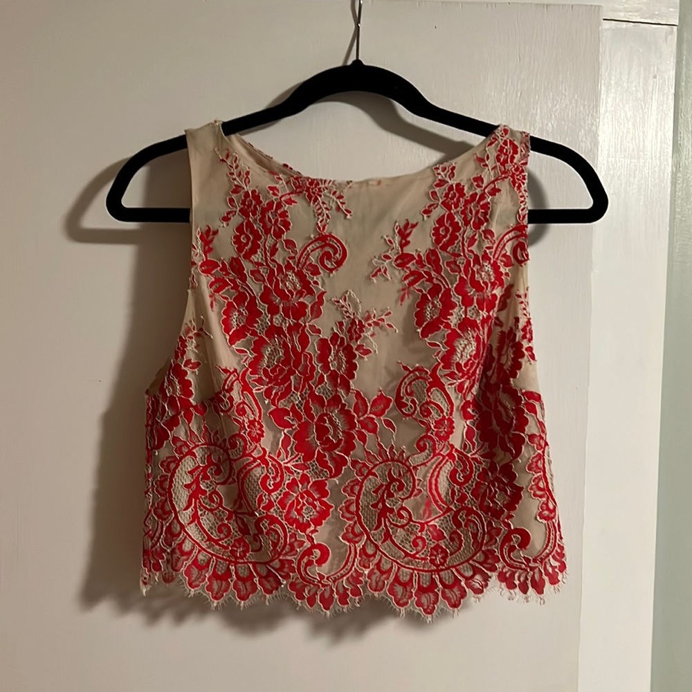 Alice and Olivia Avani Cream & Red Lace Crop Top